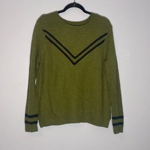 Army green crew neck sweater with dark nevy blue stripes